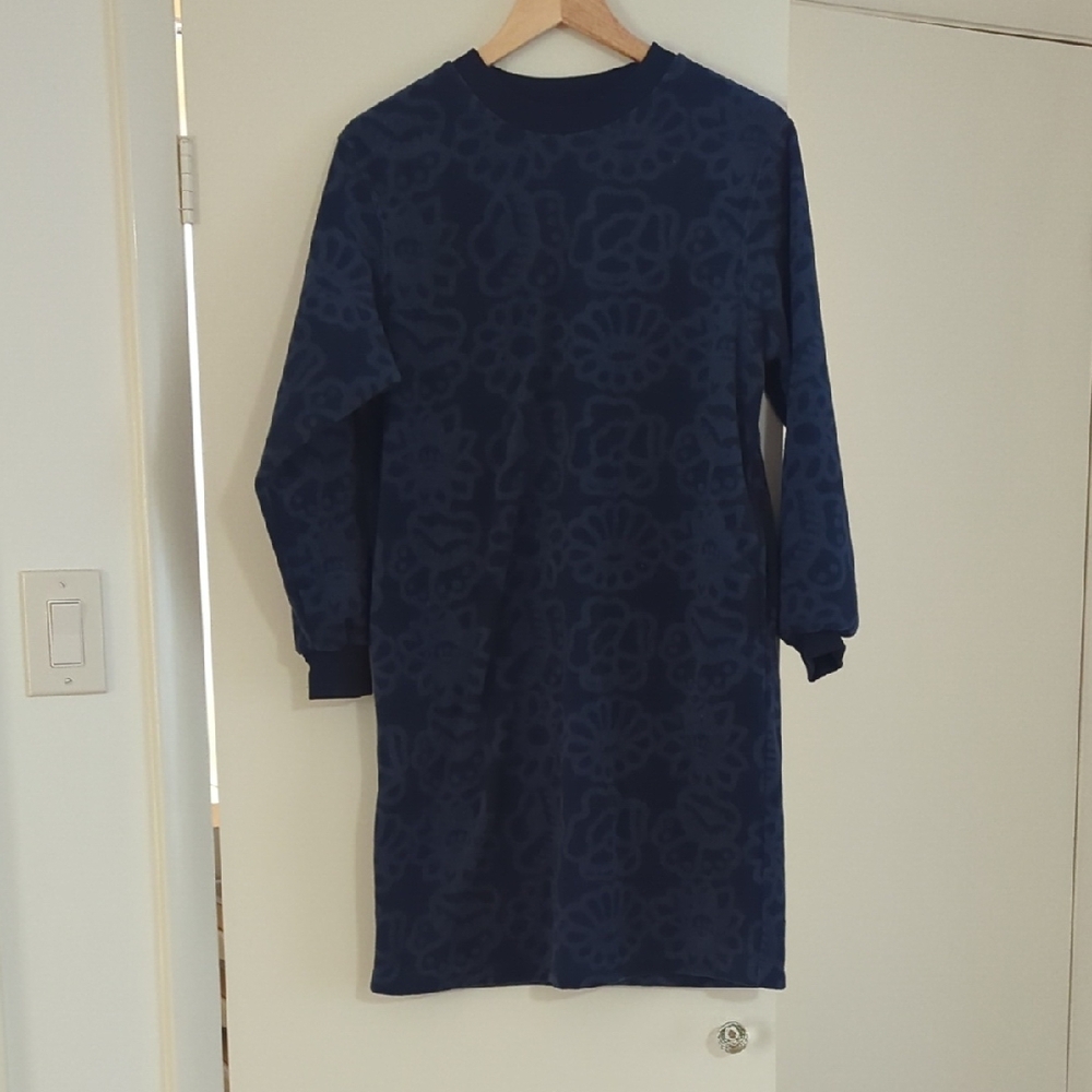 Navy Blue Patterned Long Sleeve Dress